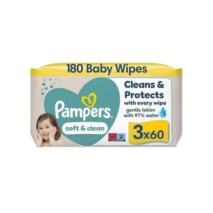 Pampers Soft & Clean Wipes 3X3X60 2+1 - Gentle And Effective Cleaning For Your Baby