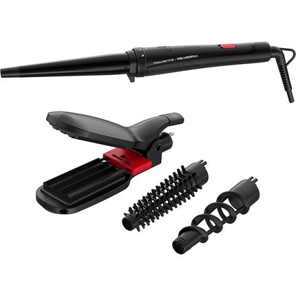 Rowenta X Karl Lagerfeld Cf422L Infinite Looks 9-In-1 Multistyler Hair Straightener, Curling Iron, And Crimper With Ceramic Coating And Cool Tip - Black/Red