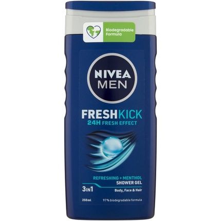 Nivea Men Freshkick Refreshing + Menthol Shower Gel 3-In-1 For Body, Face & Hair 250Ml