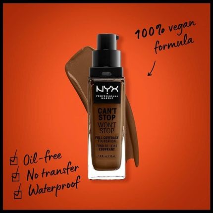 Nyx Professional Makeup Can'T Stop Won'T Stop Full Coverage Foundation Vegan Formula Waterproof Matte Finish 22.3 Walnut 30Ml