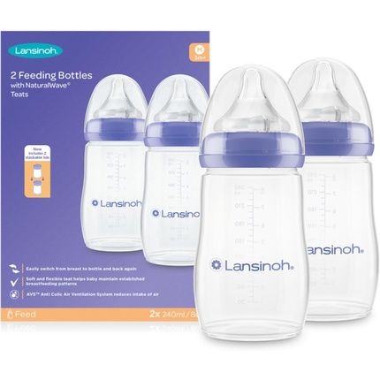 Lansinoh Anti Colic Baby Bottle 240Ml 2 Pack Naturalwave Teats Reduces Nipple Confusion Bpa & Bpsfree Breastfeeding Bottle Feeding Stackable Lid Fridge Freezer Milk Storage Feeding