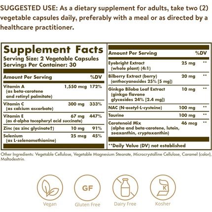 Solgar Bilberry Ginkgo Eyebright Complex Vegetable Capsules - Improve Daily Wellbeing - Minimize Free Radical Damage - Vegan And Gluten Free Gold
