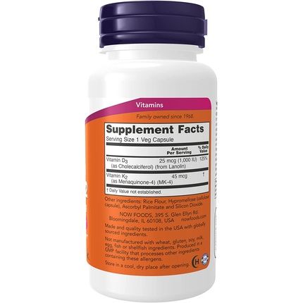 Now Vitamin D-3 & K-2 Supplements With Cardiovascular Support And Bone Health 120 Veg Capsules