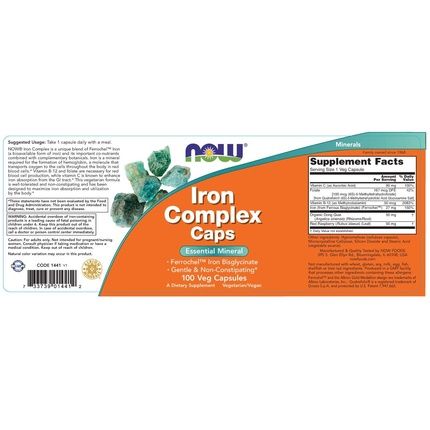 Now Iron Complex Caps Non-Constipating Essential Mineral 100 Veg Capsules