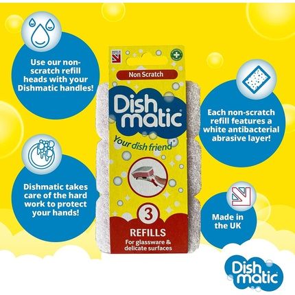 Dishmatic White Non-Scratch Washing-Up Sponge Refill Heads With Antibacterial Abrasive - Pack Of 3
