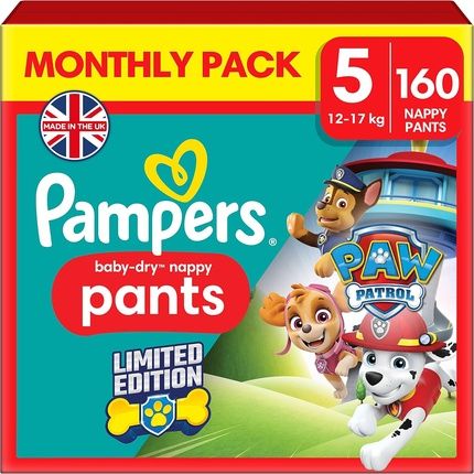 Pampers Babydry Nappy Pants Paw Patrol Edition Size 5 160 Nappies 12Kg17Kg With A Stop & Protect Pocket To Help Prevent Leaks At The Back