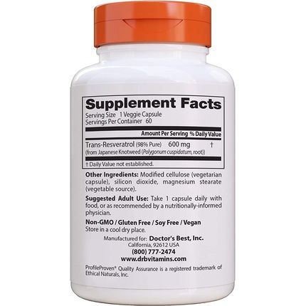 Doctor'S Best Trans-Resveratrol 600 Non-Gmo Vegan Gluten Free Soy Free 60 Veggie Caps 600Mg