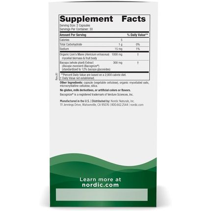 Nordic Naturals Cognition Mushroom Complex 60 Capsules - Brain Memory Mood Support Blend Of Lion'S Mane Mushroom Bacopa Extract Non-Gmo Certified Vegan 30 Servings - Image 3