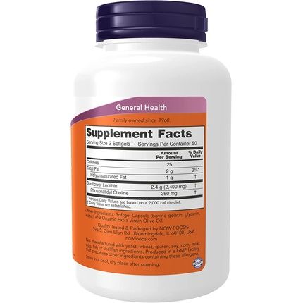 Now Foods Sunflower Lecithin 1200Mg 100 Softgels