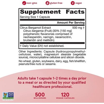 Jarrow Formulas Citrus Bergamot 500Mg Cardiovascular Metabolic & Antioxidant Support Dietary Supplement 120 Count