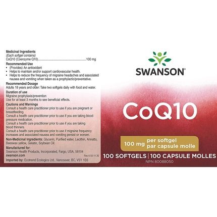 Swanson Coq10 Heart Health Cardiovascular Brain Energy Antioxidant Support Coenzyme Q10 Supplement 100Mg 100 Softgels