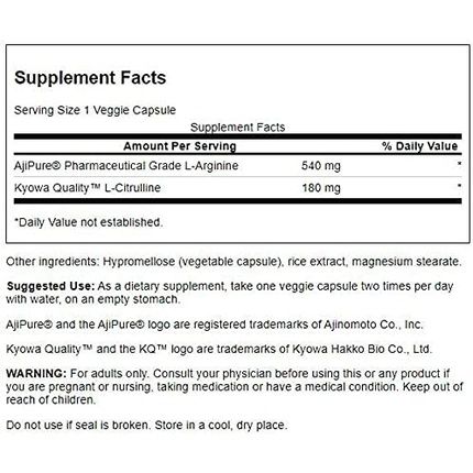 Swanson Ajipure L-Arginine With L-Citrulline Amino Acid 60 Veg Capsules - Image 3