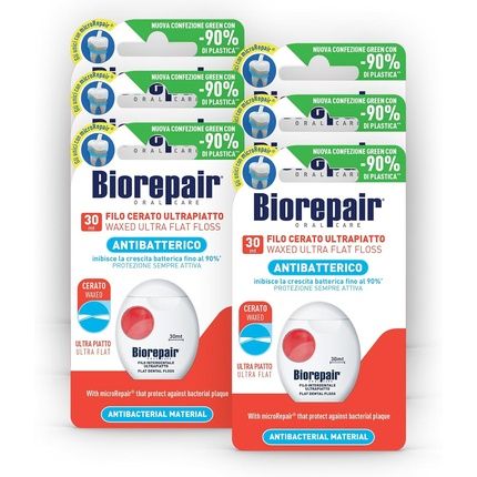 Biorepair Ultra Thin Waxed Antibacterial Dental Floss With Microrepair For Tight Spaces Mouth Care Fresh Mint Flavor 6 X 30 Meters