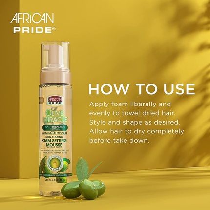 African Pride Olive Miracle Finish & Style Regimen Non-Flaking Foam Setting Hair Mousse, Growth Sheen Spray & 7-In-1 Leave-In Moisture Restore Hair Curl Refresher - Image 3