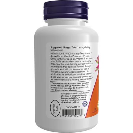 Now Sun-E 400 Iu With D-Alpha Tocopherol From Non-Gmo Sunflower Oil 120 Softgels - Image 3
