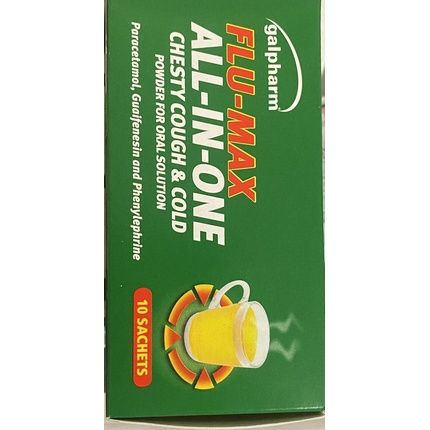 Galpharm Flu Max All In 1 Lemon 10 Powder Sachets For Fever Blocked Nose And Sore Throat