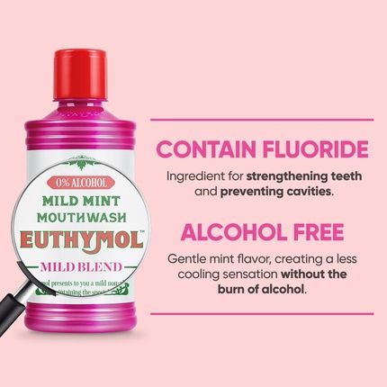 Euthymol Mouthwash Mild Mint 500Ml With Fluoride Alcohol-Free Distinctive Strong Taste Flavor