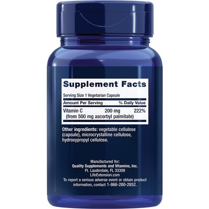 Life Extension Ascorbyl Palmitate 500Mg 100 Vegan Capsules Soy-Free Gluten-Free