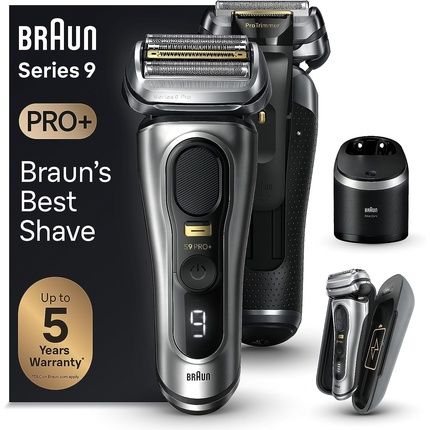 Braun Series 9 Pro+ ماكينة حلاقة كهربائية مع محطة تنظيف وعلبة طاقة - رطبة وجافة - 9577Cc فضي
