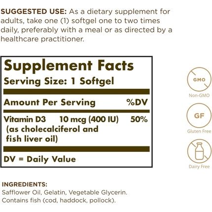 Solgar Vitamin D3 Cholecalciferol 10Mcg 400 Iu 250 Softgels