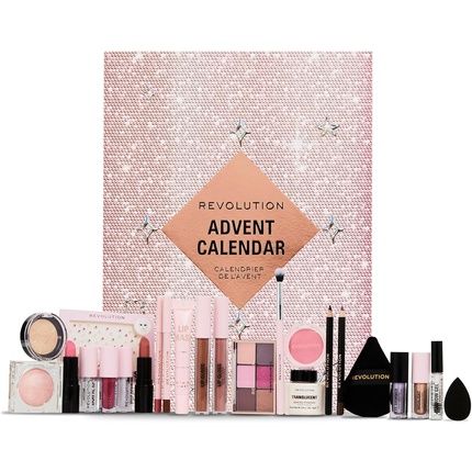 Revolution Beauty 24-Piece Holiday Beauty Advent Calendar Makeup Gift Set With Lip Gloss Nourishing Lip Masks Brushes Brow Gel Vegan Cruelty-Free