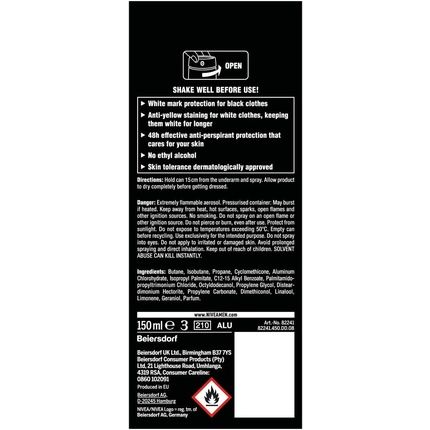 Nivea Men Invisible For Black & White Original Deodorant 0% Alcohol Aerosol Spray 150Ml