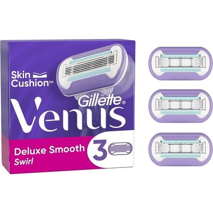 Gillette Venus Deluxe Smooth Swirl Razor Blades For Women 3 Razor Blade Refills Lubrastrip With Vitamin E Skincushion Helps Protect From Shave Irritation - Pack Of 3