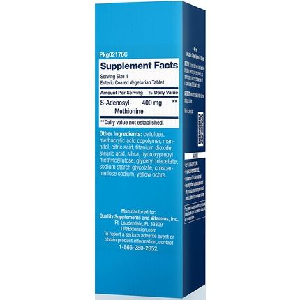 Life Extension Same 400Mg Enteric-Coated S-Adenosyl-Methionine Supplement 30 Vegetarian Tablets