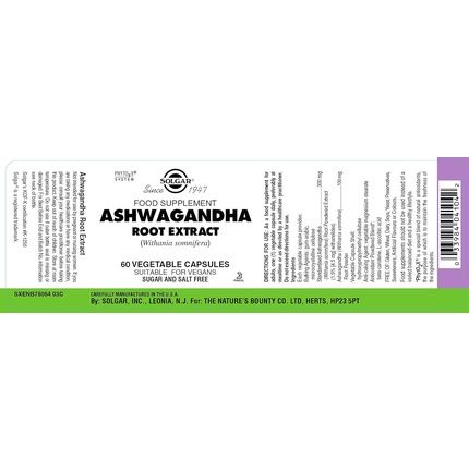 Solgar Ashwagandha Root Extract Adaptogen Herbal Supplement Ayurvedic Medicine Vegan 60 Vegetable Capsules