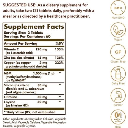 Solgar Skin Nails And Hair Improved Msm Formula With Vitamin C Vegan 120 Tablets