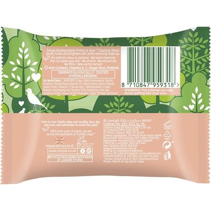 Simple Protect 'N' Glow Instant Glow Dermatologically Tested Biodegradable Wipes For Sensitive Skin