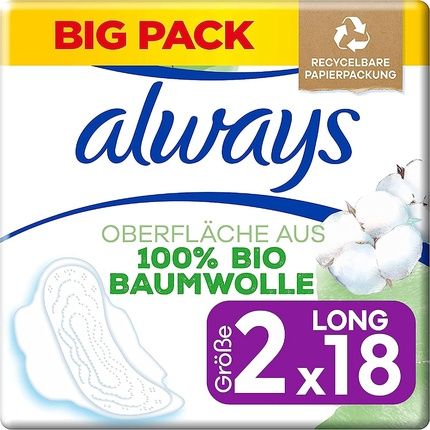 Always Cotton Protection Ultra Long Sanitary Pads With Wings 100% Organic Cotton Surface Size 2