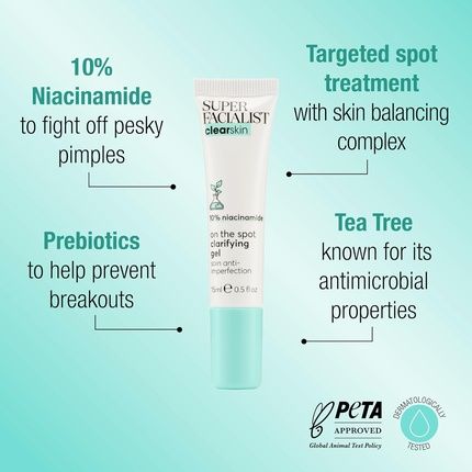 Super Facialist On The Spot Clarifying Gel Acne Spot Treatment With 10% Niacinamide Tea Tree Oil Prebiotics Vegan Friendly 15Ml