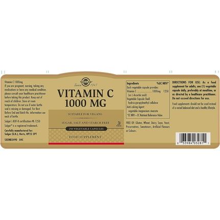 Solgar 1000Mg Vitamin C Vegetable Capsules 250 Pack - Contributes To Healthy Immune System - Free From Sugar, Salt, And Starch - Vegan