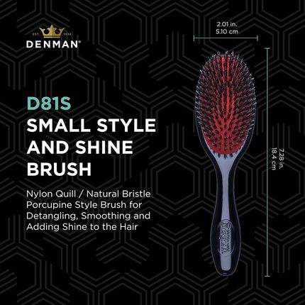 Denman Cushion Hair Brush With Soft Nylon Quill Boar Bristles - Porcupine Style - Black P081S