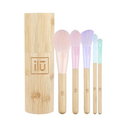 T4B Ilu Bamboom! Set Of 5 Makeup Brushes With Bamboo Tube For Contouring, Blush, Powder, Eyeshadow, And Shading - Environmentally Friendly, Great Gift Idea