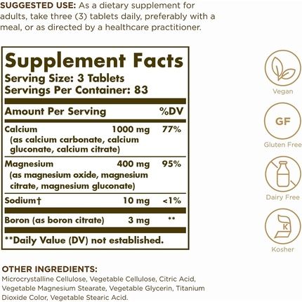 Solgar Calcium Magnesium Plus Boron Tablets for Bones Teeth Muscle and Immune Support 250 Tablets 260g