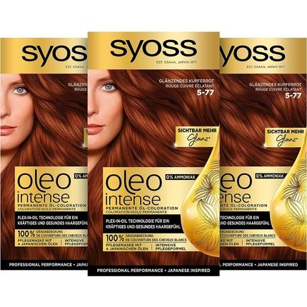 Syoss Oleo Intense Permanent Oil Colouration Hair Colour 5-77 Shiny Copper Red With Nourishing Oil And Ammonia Free 115Ml - Pack Of 3