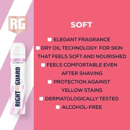 Right Guard Women'S Soft Deodorant 48 Hour High Performance Anti-Perspirant Aerosol Spray No White Residue Alcohol Free Dermologically Tested 250Ml