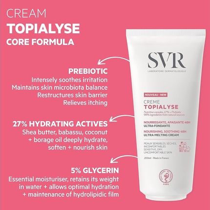 Svr Topialyse Moisturising Face + Body Cream For Dry + Sensitive Skin 200Ml