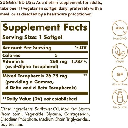 Solgar Natural Source Vitamin E 268Mg Vegetable Softgels 100 Pack - Fights Free Radicals And Supports Immune System - Vegan And Gluten Free