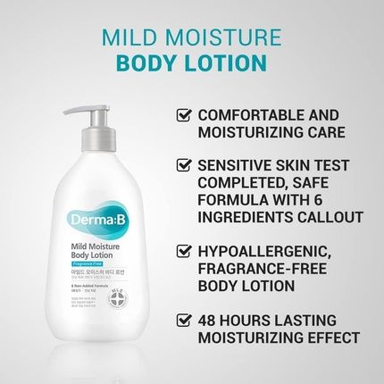 Derma B Mild Moisture Body Lotion Fragrance Free For Dry & Sensitive Skin With Witch Hazel And Squalane 13.5 Fl Oz 400Ml
