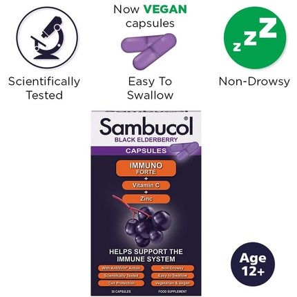 Sambucol Natural Black Elderberry Immuno Forte Capsules With Vitamin C And Zinc 30 Capsules