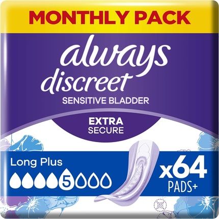 Always Discreet Incontinence Pads Women Long Plus Absorbency 5 64 Sanitary Towels 16 Count Extra Secure Bladder Leak Protection Odour Neutraliser Pack Of 4