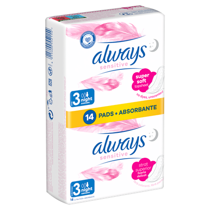 Always Always Ultra Sensitive Night Sanitary Towels With Wings - Size 3, 14 Pads