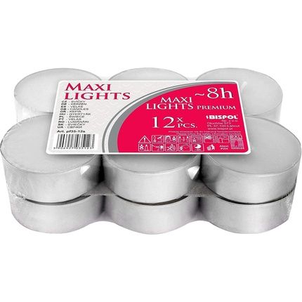 Maxi Tealights From European Production Bispol 8 Hour Burn Time 12 Maxi Tealights In Aluminum Cups Unscented Ral Certified Pzh Approved Large Candles 2.2 X O5.7Mm - Pack Of 12