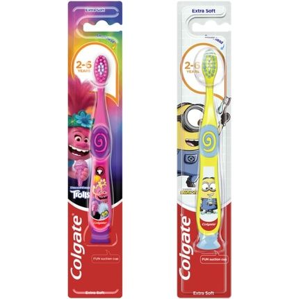 Colgate Smiles Toothbrush For Children 4-6 Years Extra Gentle With Suction Cup Minions Or Trolls Design