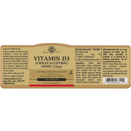 Solgar Vitamin D3 Cholecalciferol 1000 Iu Tablets 180 Capsules - Supports Bone, Teeth, Muscle Function And Immunity - Gluten Free - Image 3