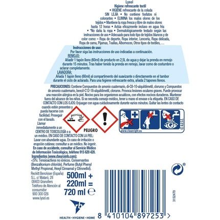 Lysol Hygiene Refreshing Clothes, Textile Additive Eliminates Odors 720 Ml
