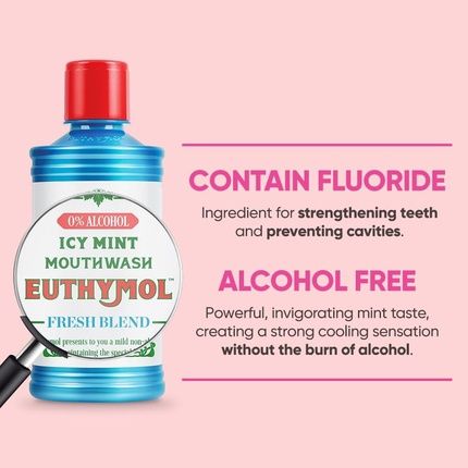 Euthymol Mouthwash Icy Mint 500Ml With Fluoride Alcohol-Free Distinctive Strong Taste Flavor